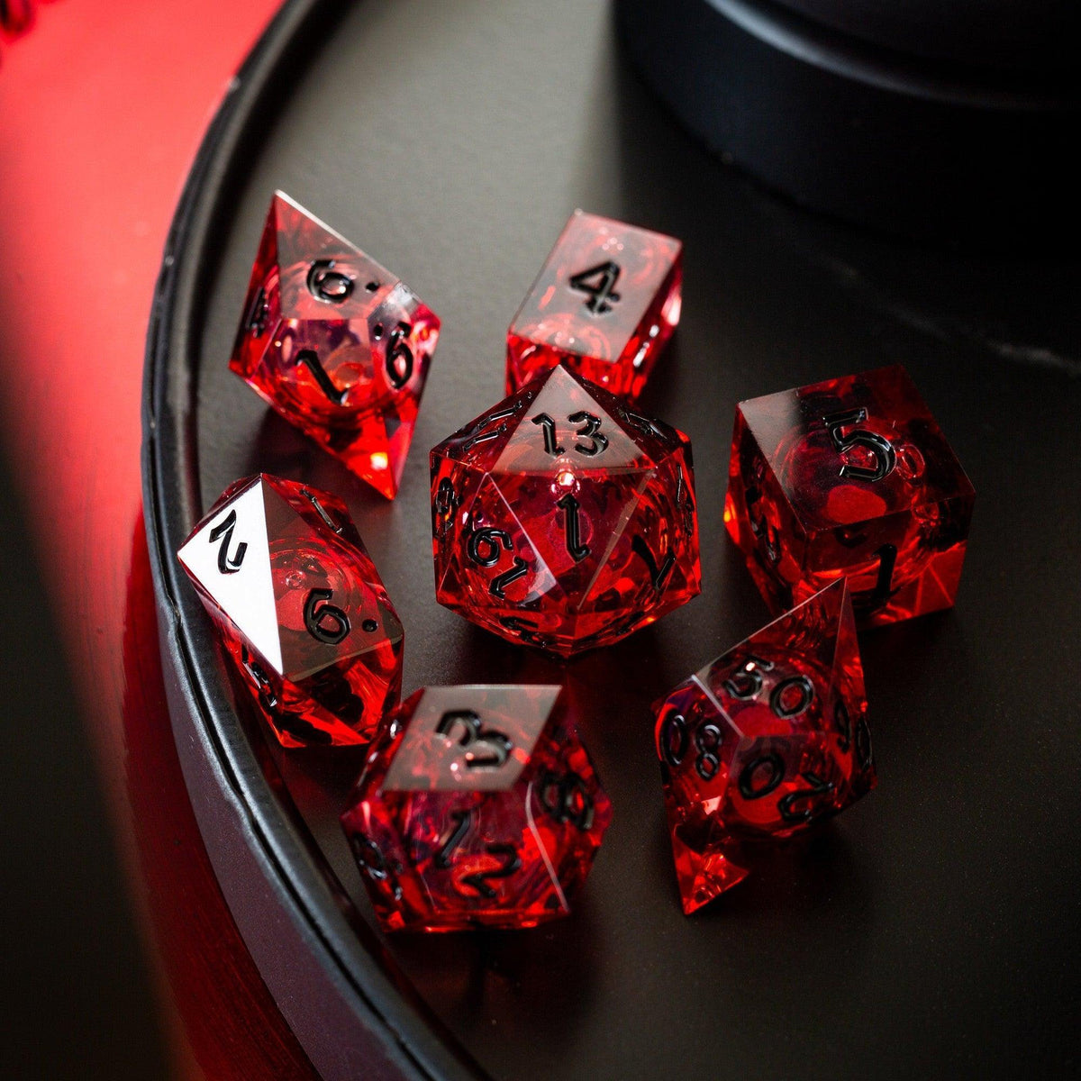 Blood Red Glitter Liquid Core Resin Dice Set