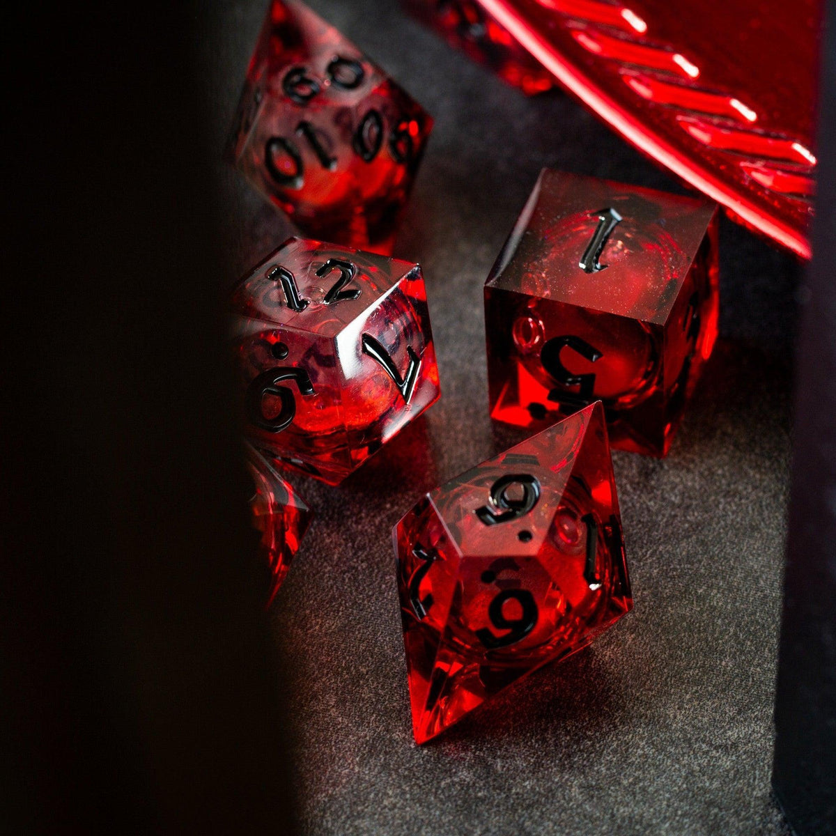 Blood Red Glitter Liquid Core Resin Dice Set