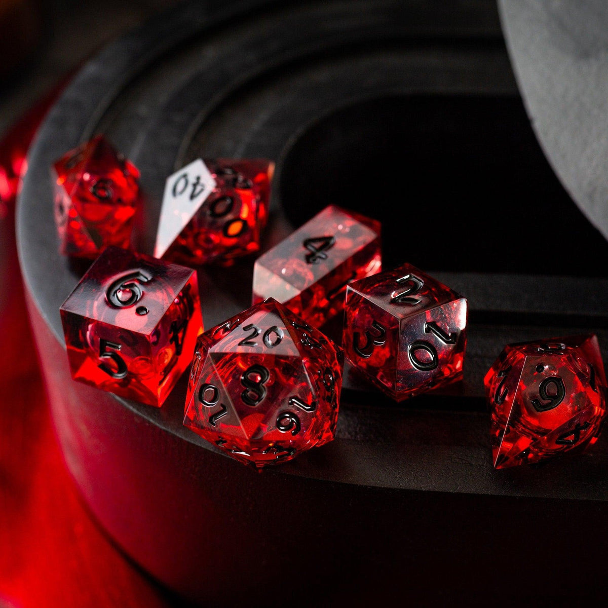 Blood Red Glitter Liquid Core Resin Dice Set