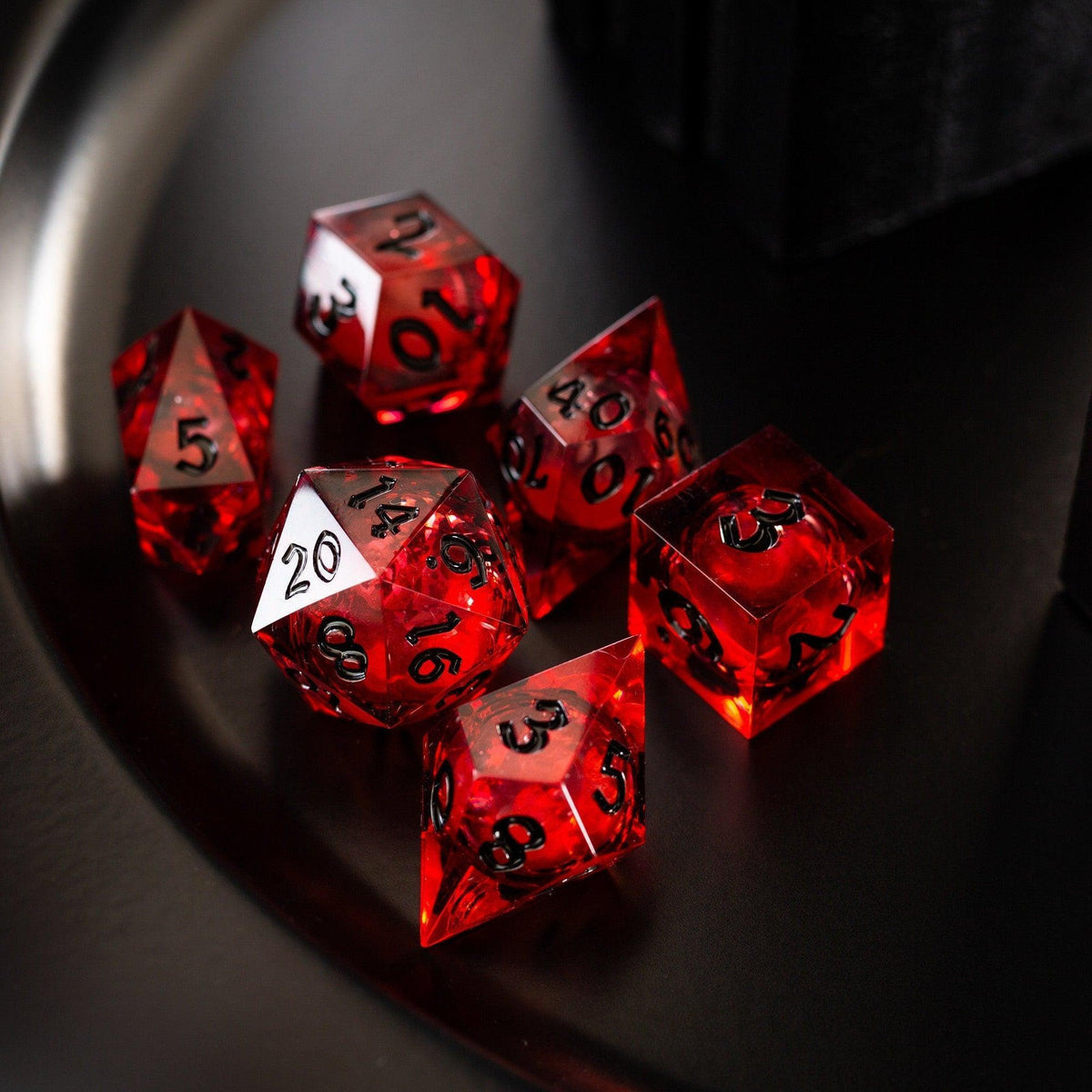 Blood Red Glitter Liquid Core Resin Dice Set