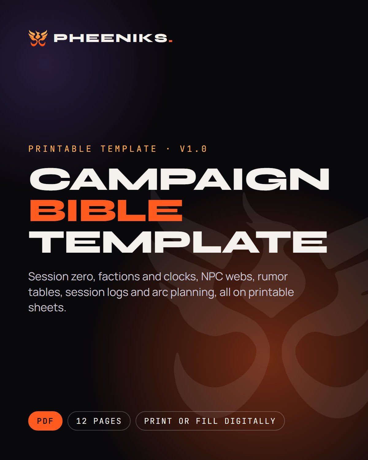 Campaign Bible Template cover, 12-page printable PDF by PHEENIKS