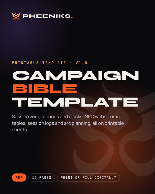 Campaign Bible Template cover, 12-page printable PDF by PHEENIKS