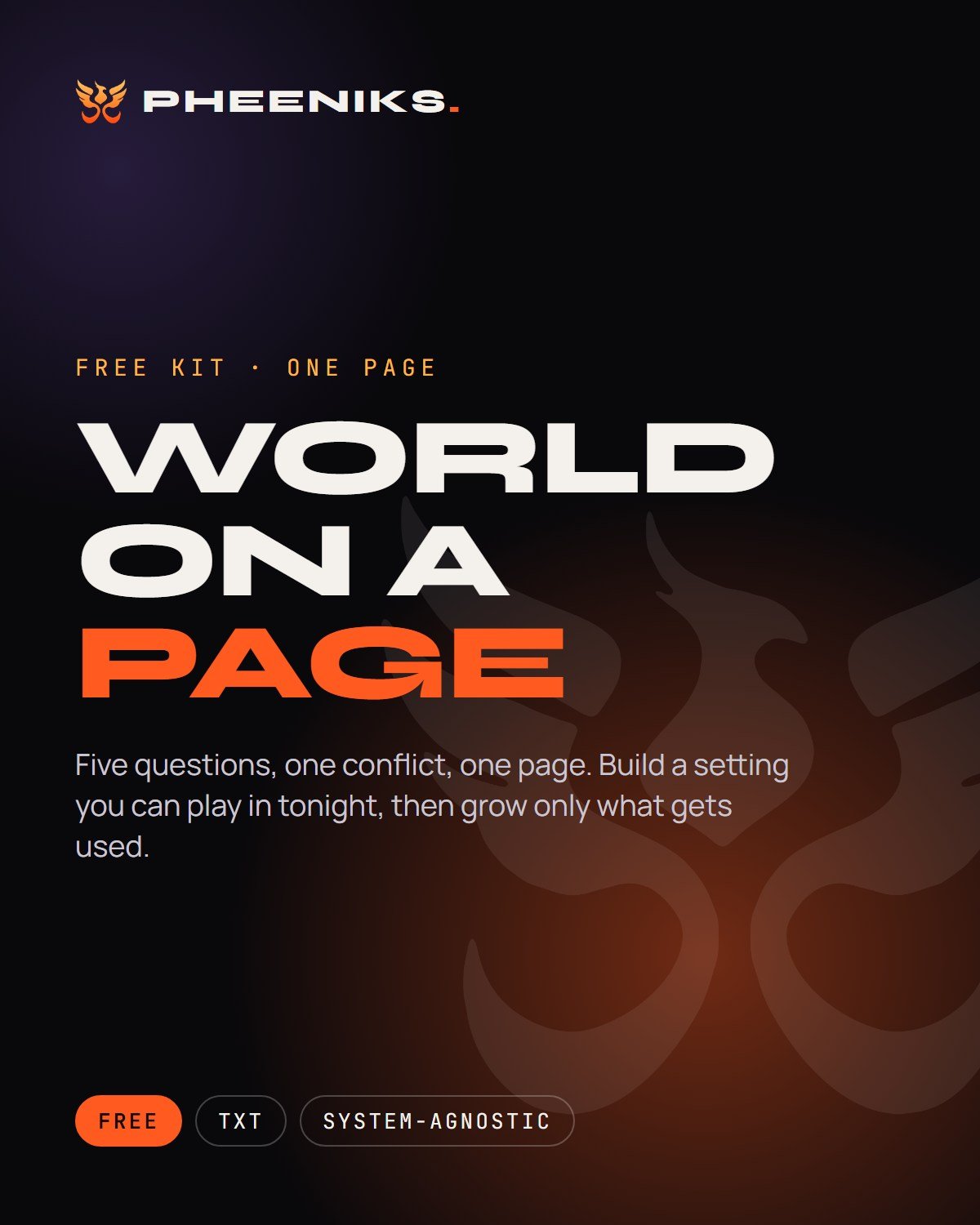 World on a Page cover: free one-page worldbuilding kit by PHEENIKS